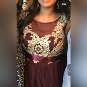 Elegant Burgundy and Gold Lace Dress